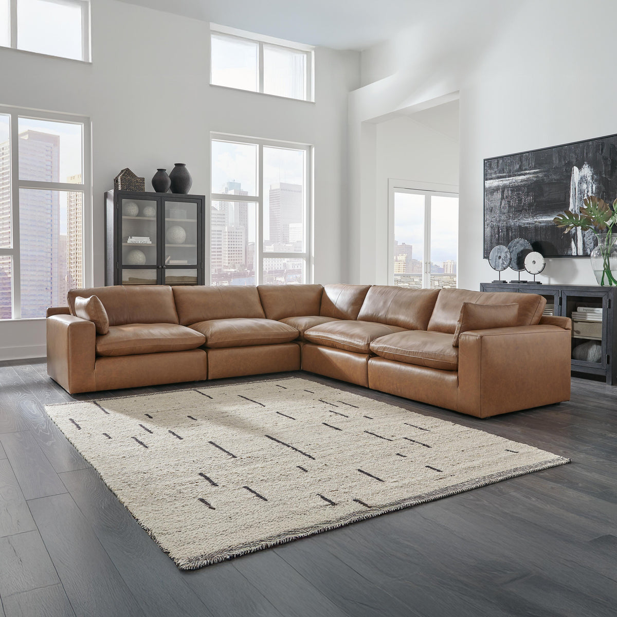 Emilia Caramel five-piece modular sectional in a living room