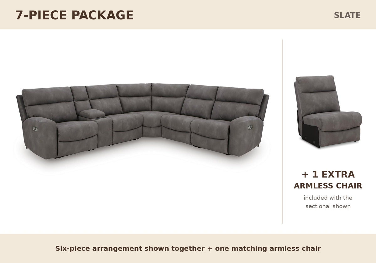 Next-Gen DuraPella seven-piece Slate package showing six-piece sectional plus included armless chair